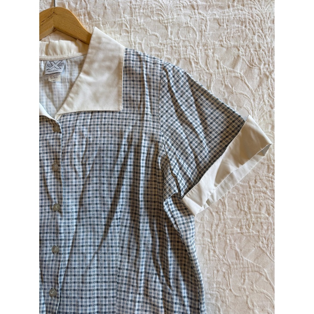 Vintage Blue White Plaid Button Up Blouse Camp Collar Short‎ Sleeve Large USA - Picture 9 of 9